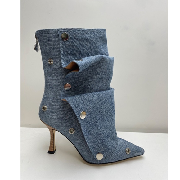 High heeled pointed metal rivet denim patchwork boots - Picture 11 of 16